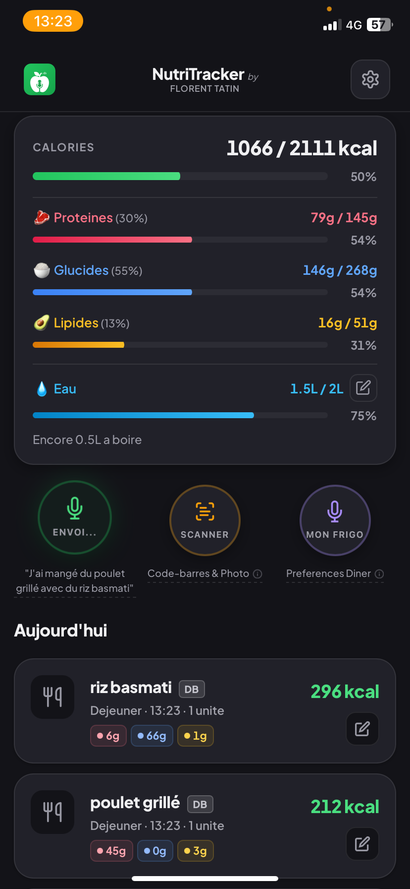 NutriTracker - Dashboard avec dict&eacute;e vocale, suivi calories et macros