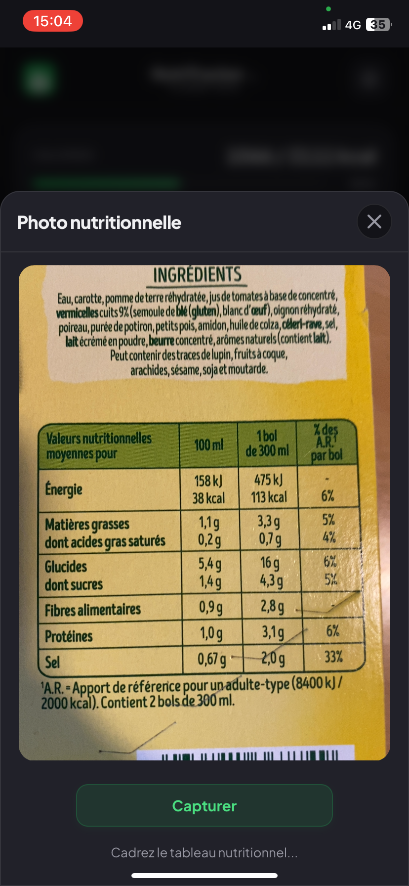 Analyse photo de tableau nutritionnel par IA