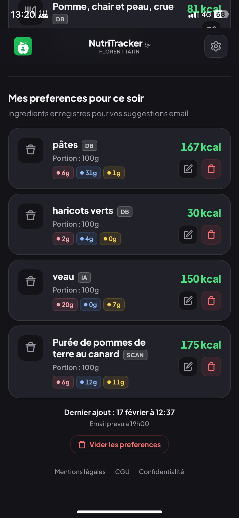 Mon Frigo - pr&eacute;f&eacute;rences d&icirc;ner NutriTracker