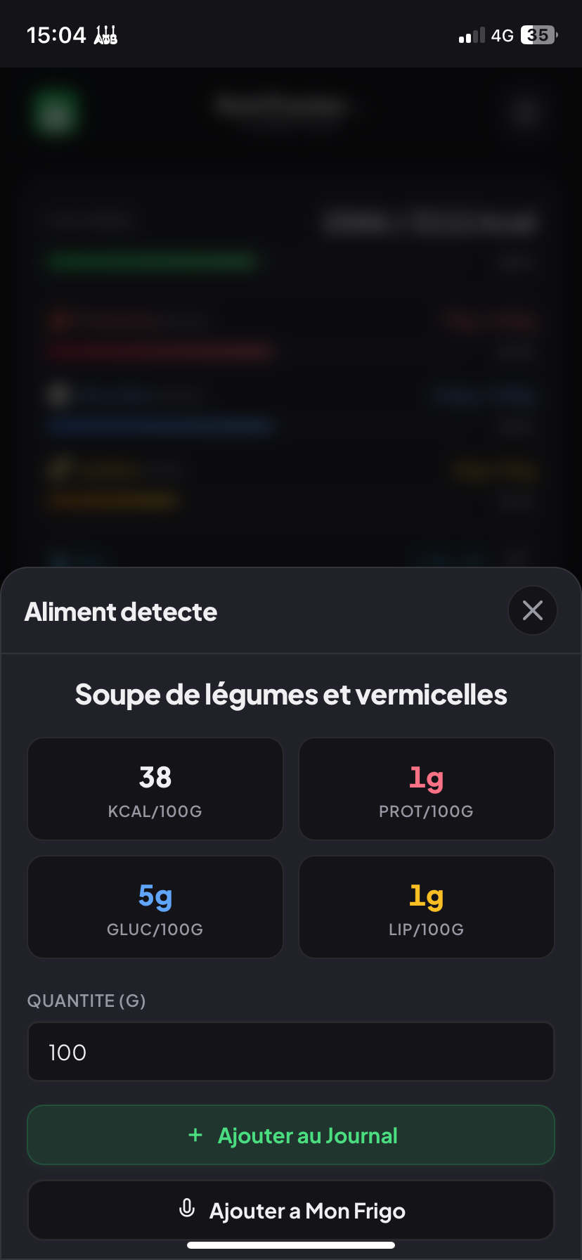 R&eacute;sultat d'analyse - aliment d&eacute;tect&eacute; avec macros